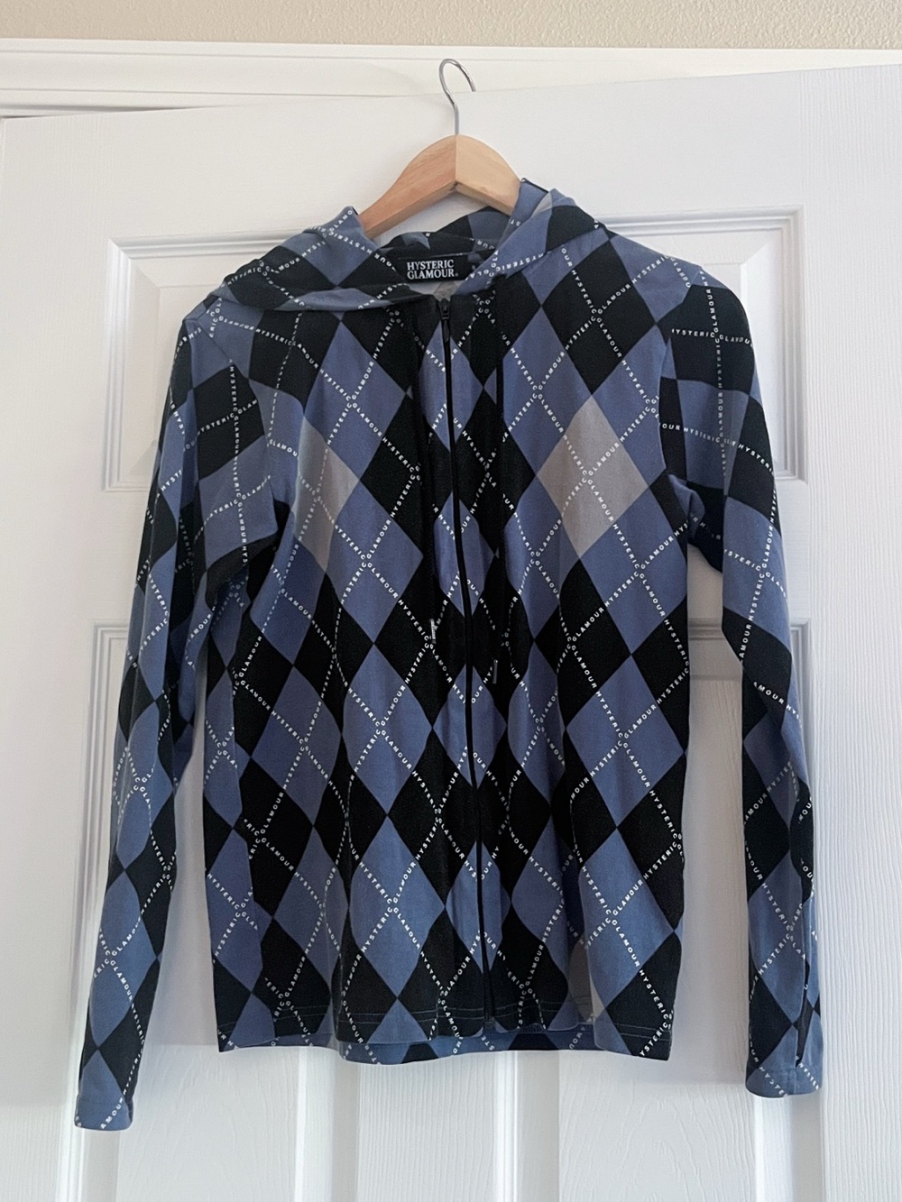 Rare Vintage Y2K Hysteric Glamour Argyle Zip Hoodie Black and Blue Size